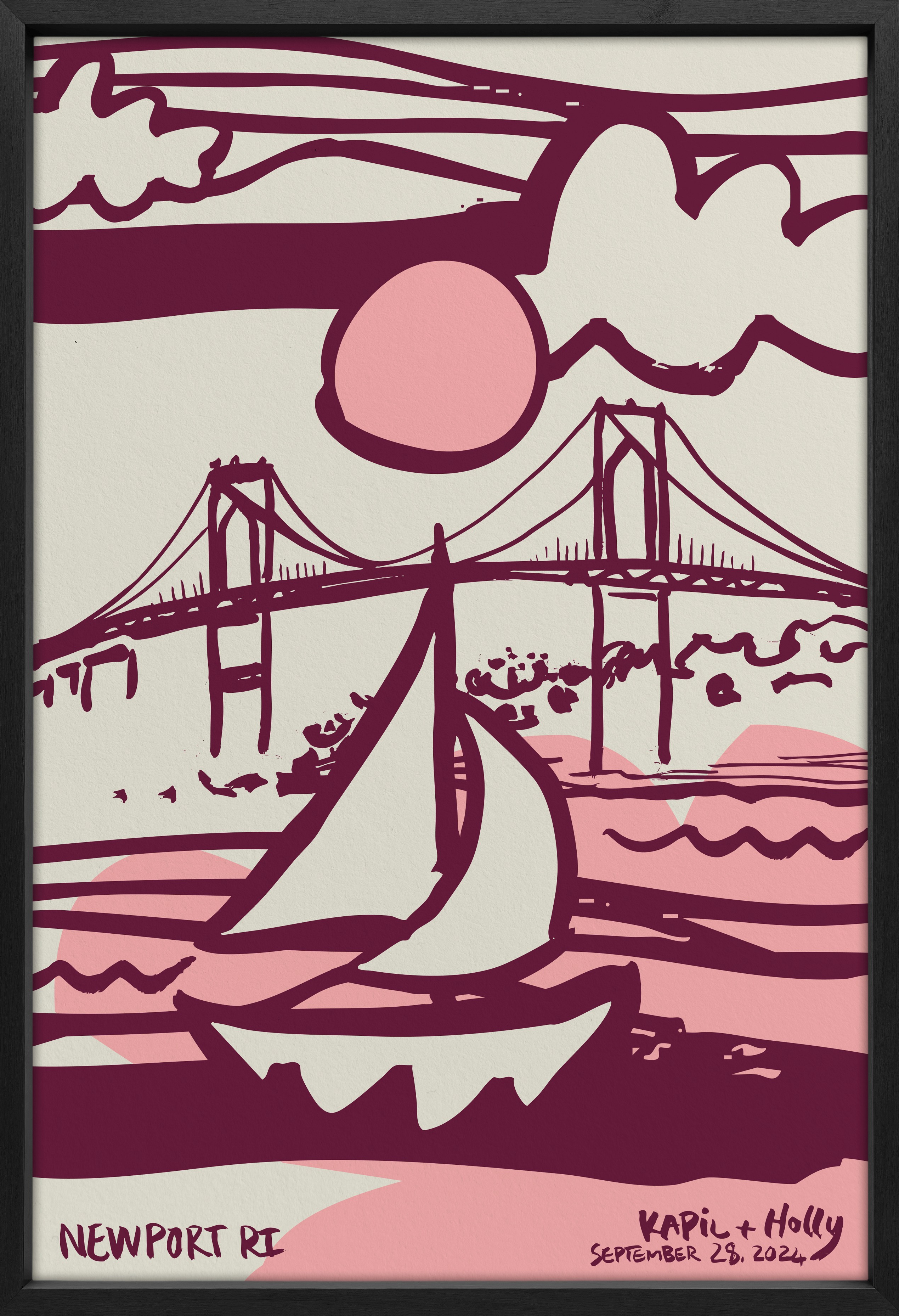 Boat scene illustration in maroon and pink.