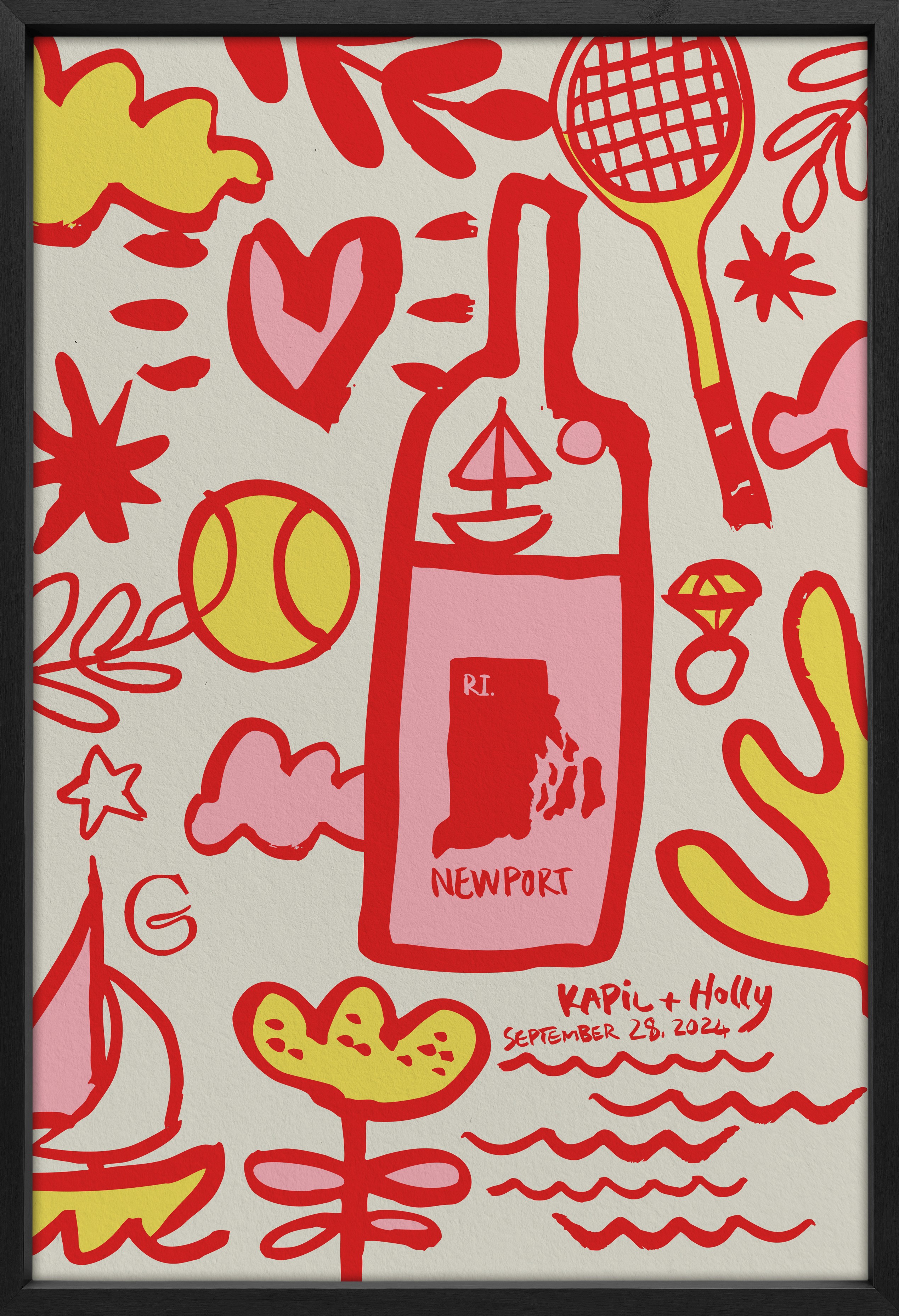 Wedding items illustration in red and yellow. 