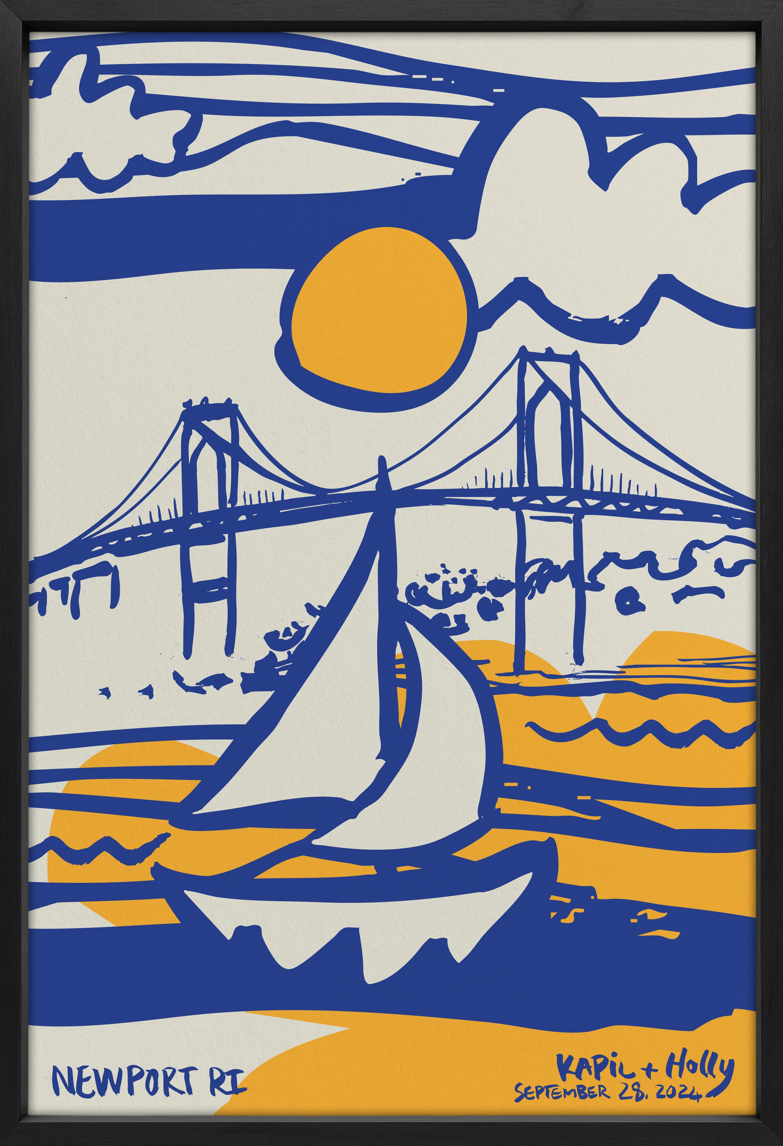Boat scene in blue and yellow.