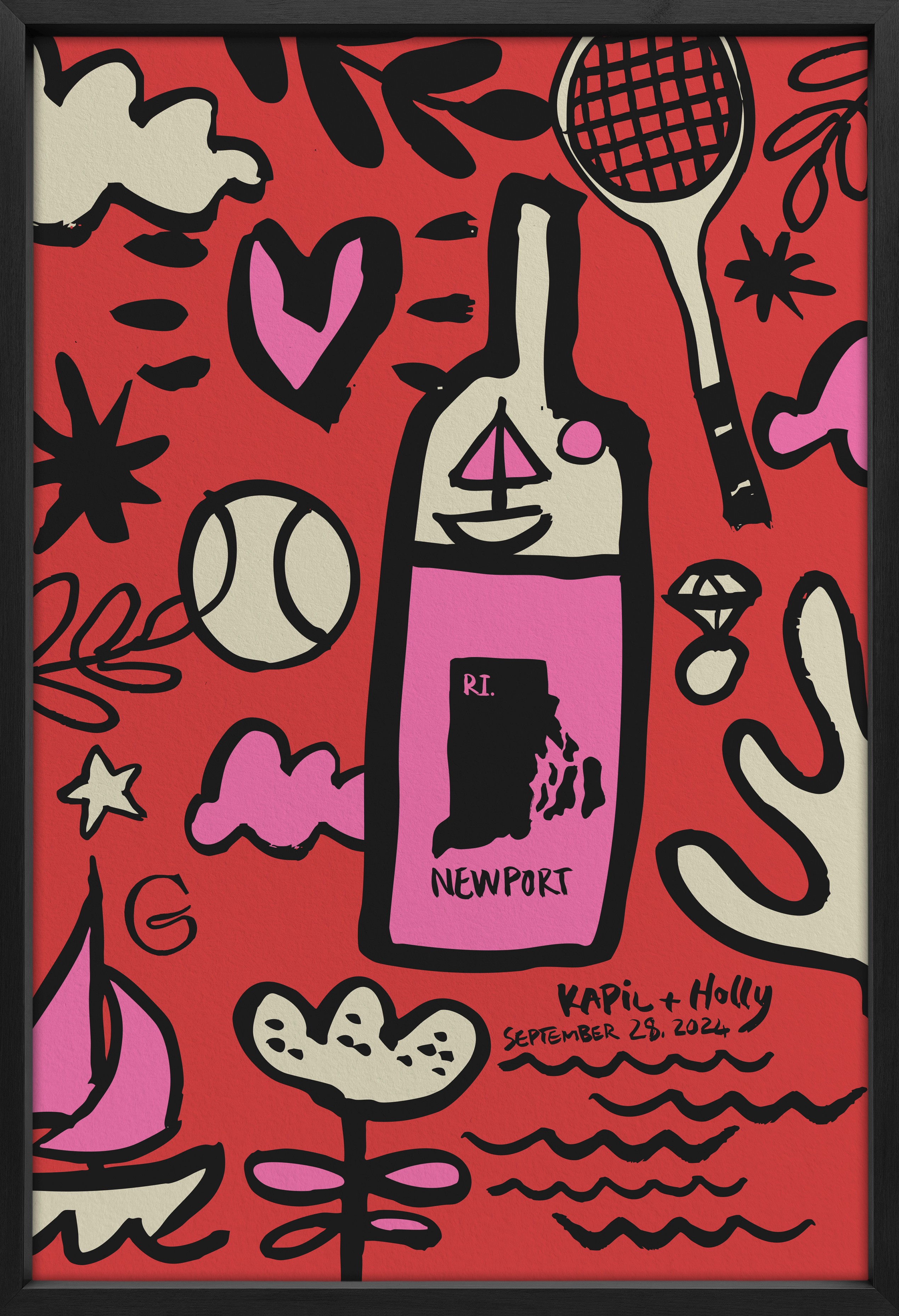 Wedding items illustration in red, blacj and pink.