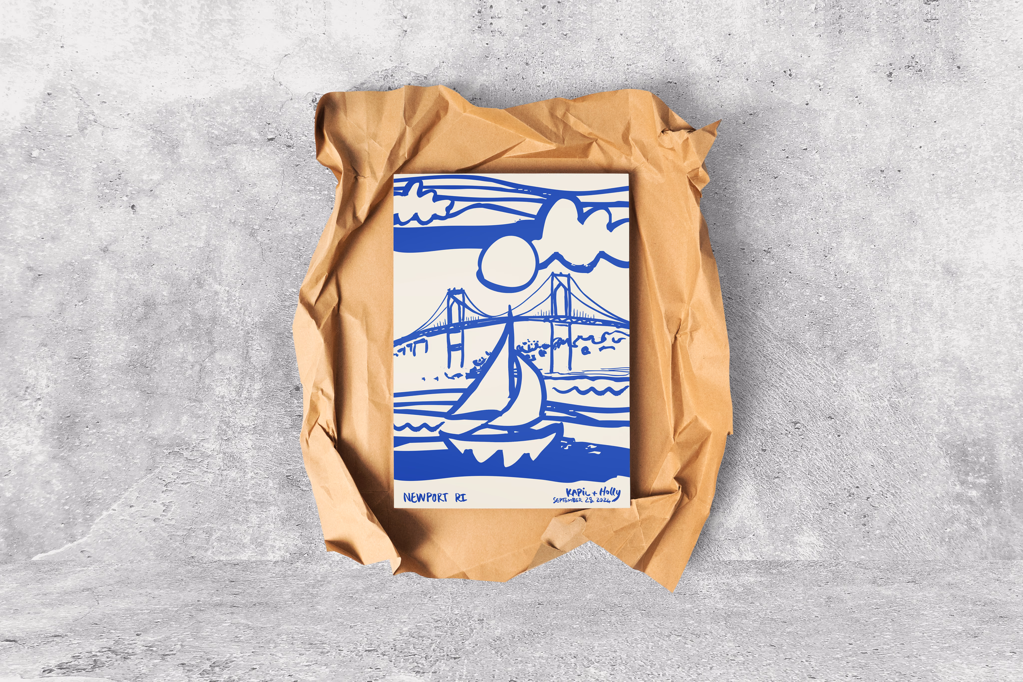 Hand painted boat illustration of boat and The Newport Bridge in Rhode Island