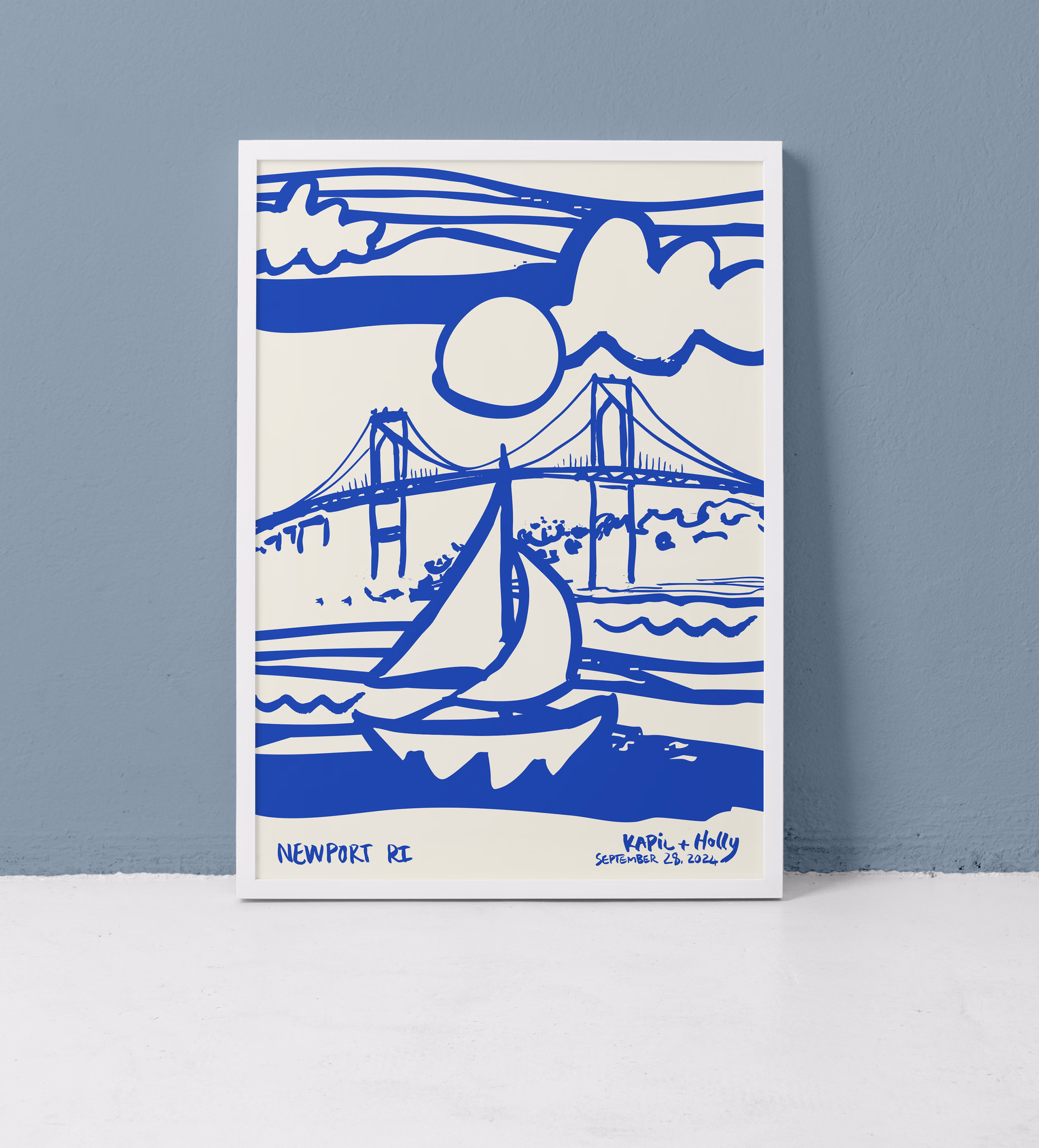 Hand painted boat illustration of boat and The Newport Bridge in Rhode Island