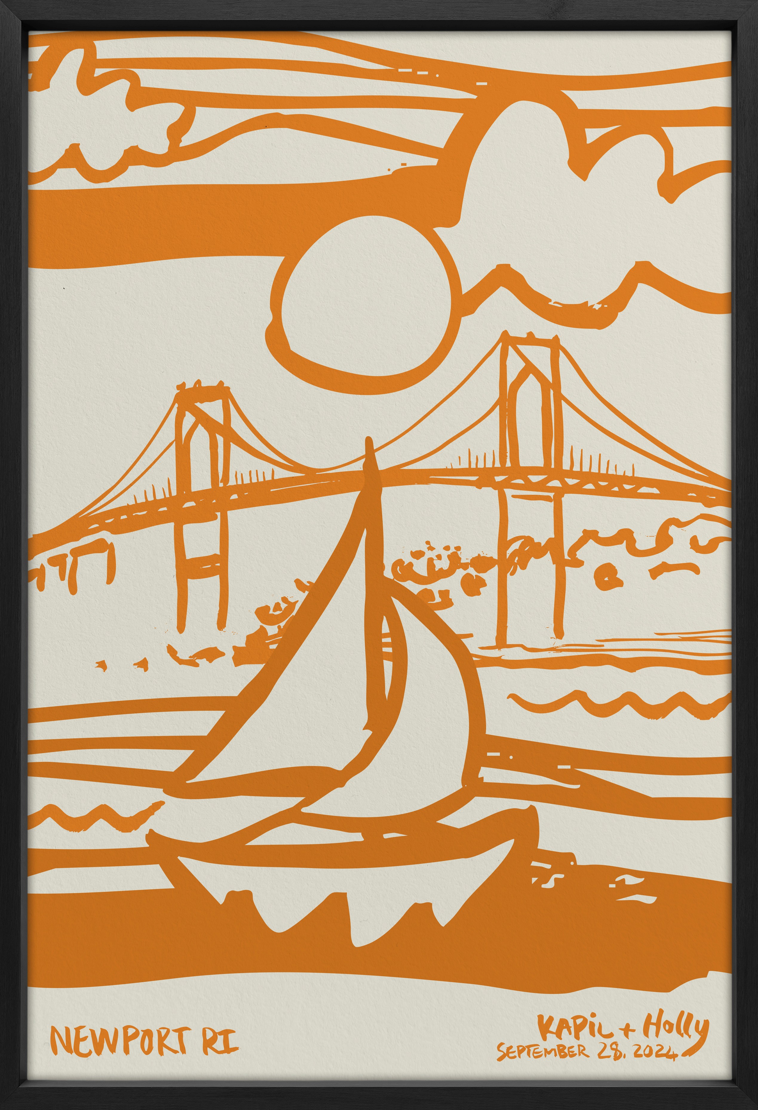 Hand painted boat illustration of boat and The Newport Bridge in Rhode Island - yellow